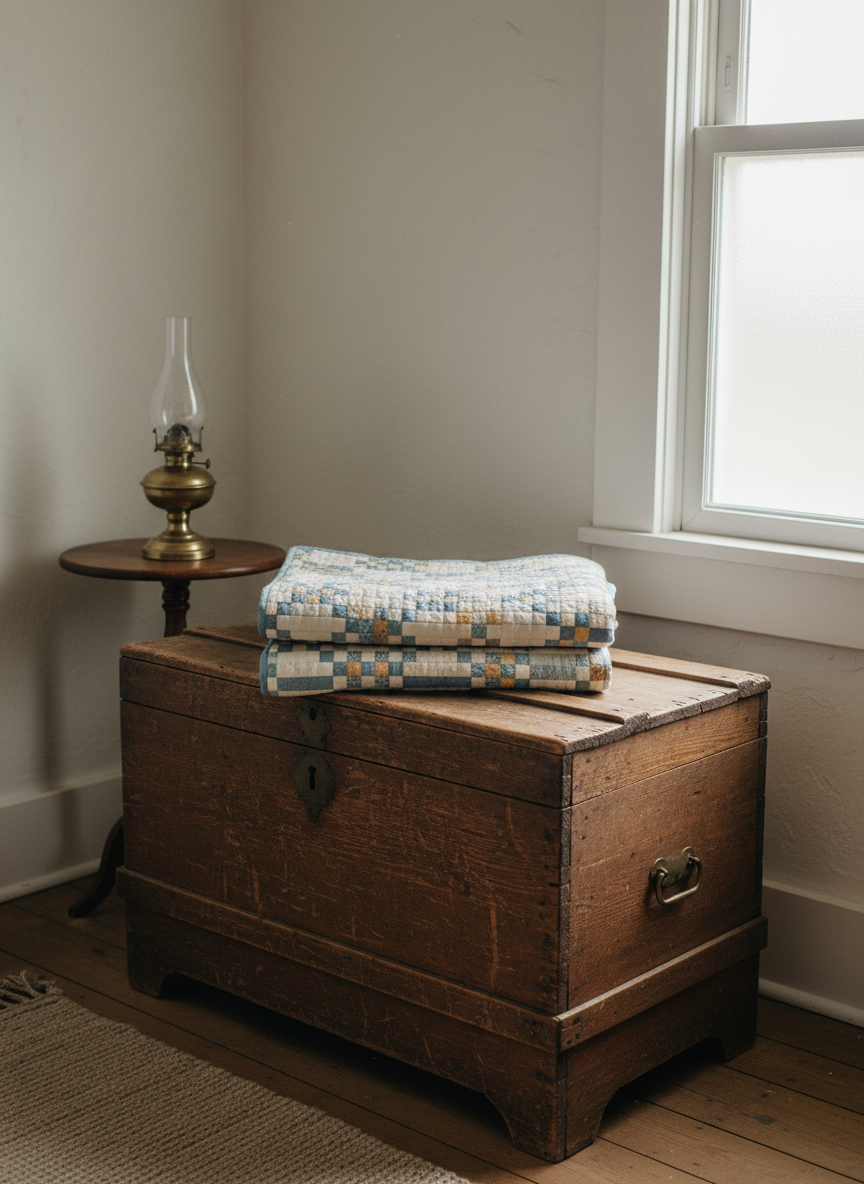 An intricately woven, traditional Amish quilt (featuring gentle cream, soft blue, and wheat-gold patches in a simple geometric pattern), meticulously folded atop a weathered wooden hope chest. The setting is an uncluttered, sunlit farmhouse corner with whitewashed walls and a vintage brass oil lamp perched nearby. Early morning light pours in through a frosted window, creating subtle gradients across the quilted fabric and casting delicate, muted shadows. The mood is refined and tranquil, evoking a deep sense of home and faith. Shot from a slightly elevated angle with shallow depth of field, the focus is on texture and detail. The composition embraces minimalist elegance and photographic realism, perfectly suiting a sophisticated Amish romance author’s site.